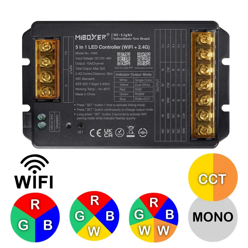 Contrôleur multizones 3 en 1 RGB, RGBW, RGB + blanc variable 12A 12/24V