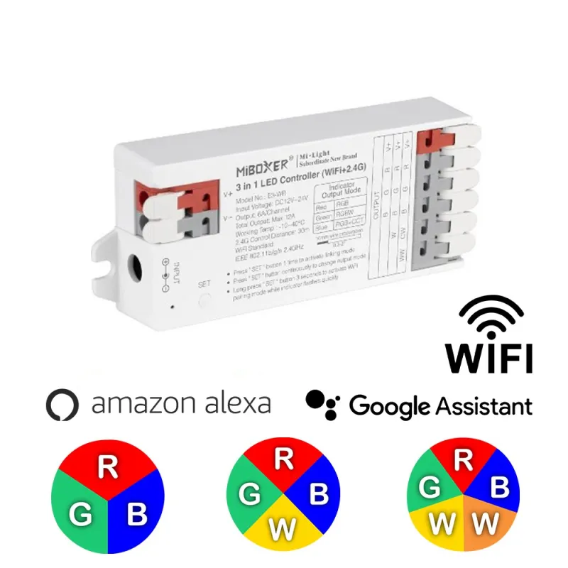 Contrôleur multizones 3 en 1 RGB, RGBW, RGB + blanc variable 12A 12/24V