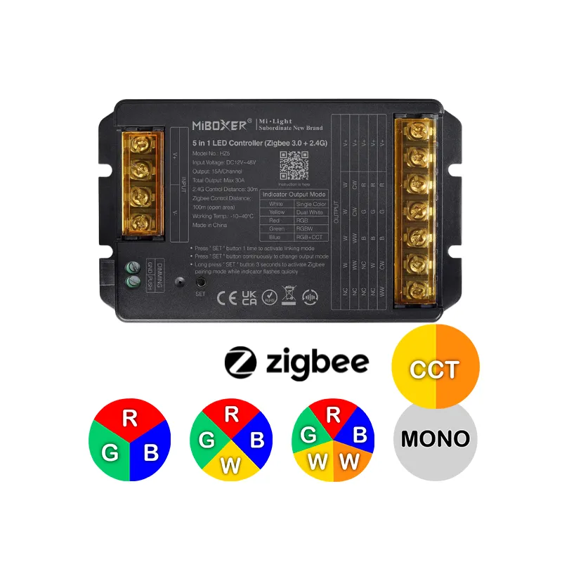 Contrôleur 30A Zigbee multizones 5 en 1 RGB, RGBW, RGB + blanc variable 12/48V